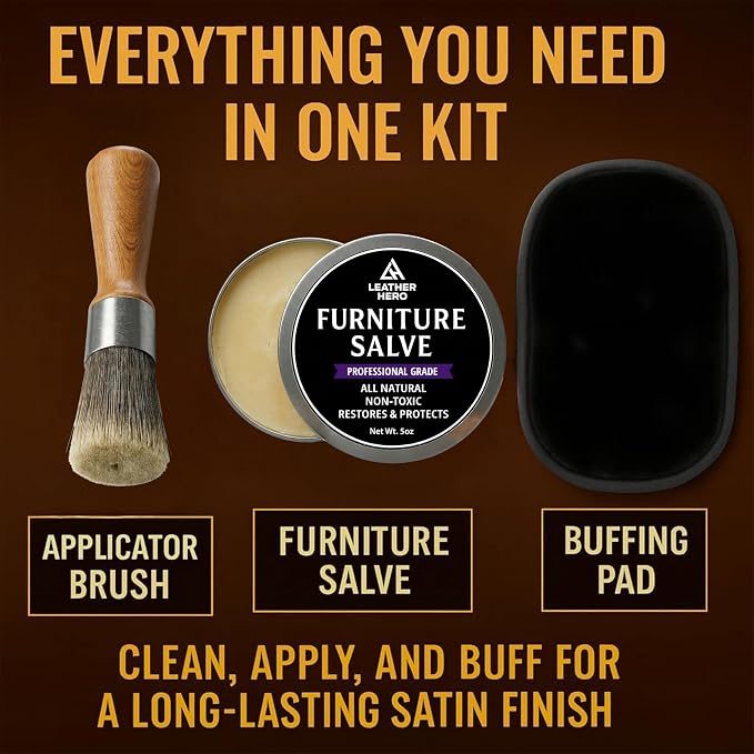 3-in-1 Furniture Salve for Leather & Wood – Polisher, Conditioner, & Restorer for Couches and Furniture- Leather Repair Salve with Brush & Buffing Pad- 5oz
