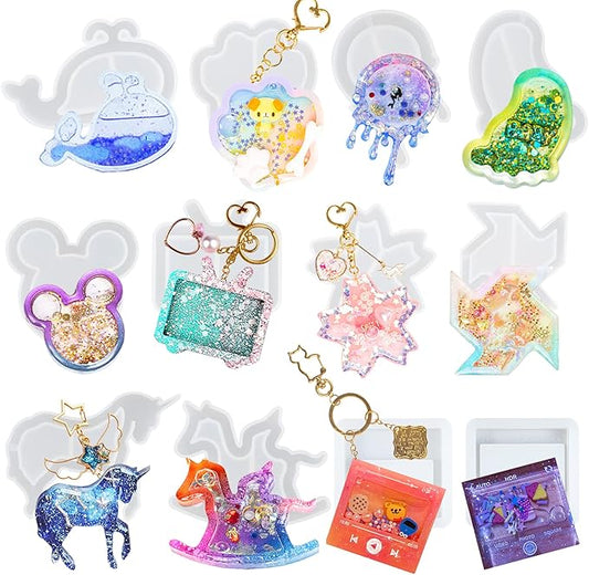 Epoxy Resin Shaker Silicone Molds Set Mouse Head, Flower, Footprint, Dolphin, Windmill, Unicorn, Bear's Paw, TV, Rocking Horse, Drippy Circle, Media Players 12-Count