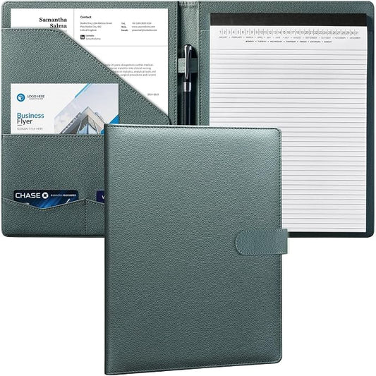 Mymazn Padfolio Portfolio Folder, Faux Leather Interview Resume Folder with Document Organizer & Business Card Holder, Letter-Sized Notepad Legal Pad Holder for Men Women (Grey Green) | Faux Leather Binder with Document Organizer, Business Card Holder,...