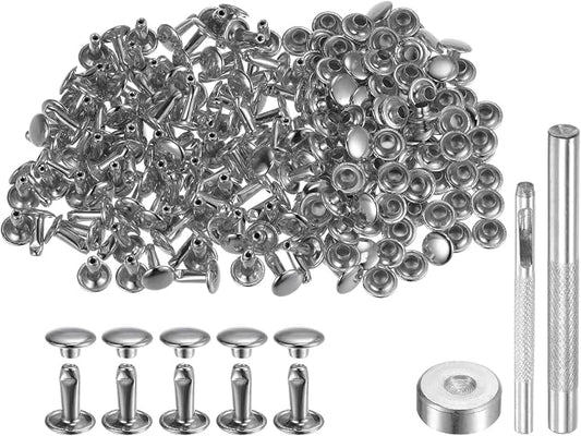 HARFINGTON 100 Sets Leather Rivets 10 x 8mm Metal Double Cap Rivet Snaps Studs Fasteners with 3pcs Setting Tools Rivets for Leather Craft DIY Repair Decoration, Silver Tone