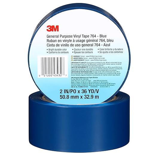 3M Vinyl Tape 764, General Purpose, 2 in x 36 yd, Blue, 1 Roll, Light Traffic Floor Marking, Social Distancing, Color Coding, Safety, Bundling