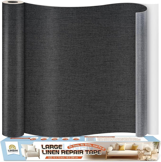 Linen Fabric Repair Tape 16x79 Inch, Self Adhesive Couch Patch Repair Fabric Tape for Furniture, Linen Patch Kit for Couch, Carpet, Upholstery, Chair, Sofa, Cushion, Bag (Black Grey)