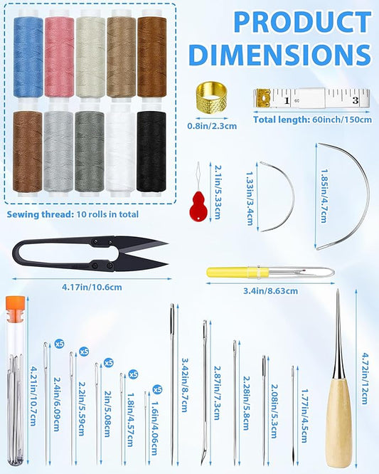 PLANTIONAL Upholstery Repair Sewing Kit, Heavy Duty Sewing Kit with Sewing Awl, Seam Ripper, Leather Hand Sewing/Stitching Needles, Sewing Thread for Car/Sofa/Backpack/Shoe, Craft DIY, 10 Color, 47Pc