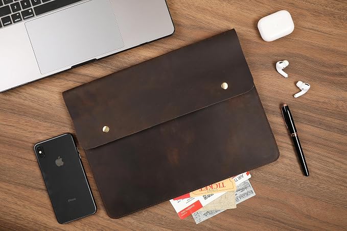 Leather Tablet Sleeve - 11/12.9/13 Inch iPad Pro Sleeve, Document Holder Folio File Holder, Genuine Leather iPad Case for Protection and Style-Dark Khaki