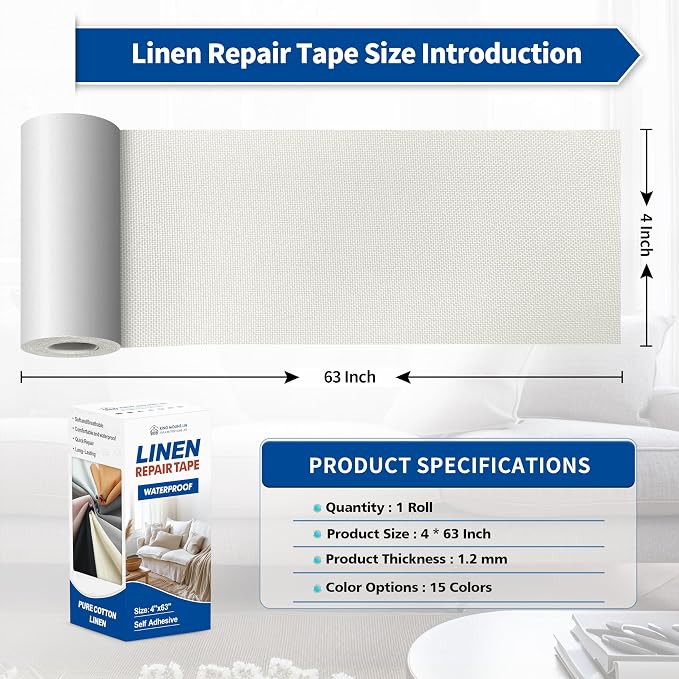 KING MOUNTAIN Linen Repair Patches, Self-Adhesive Fabric Patches, 4 X 63 inch Extra Size, Multi Color, Can be Used for Sofa Repair (White)