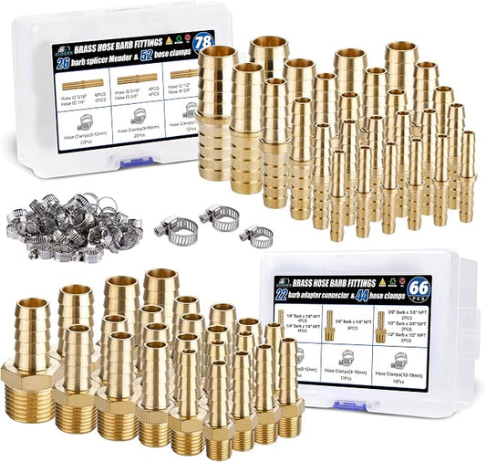 48PCS Brass Hose Barb Fittings,Barb Splicer Mender 3/16" 1/4" 5/16" 3/8" 1/2" 5/8" and Male Thread Adapter 3/8" Barbed to 1/4" NPT, 1/4" Barbed to 1/4" NPT Male with 96Pcs Pipe Hose Clamps