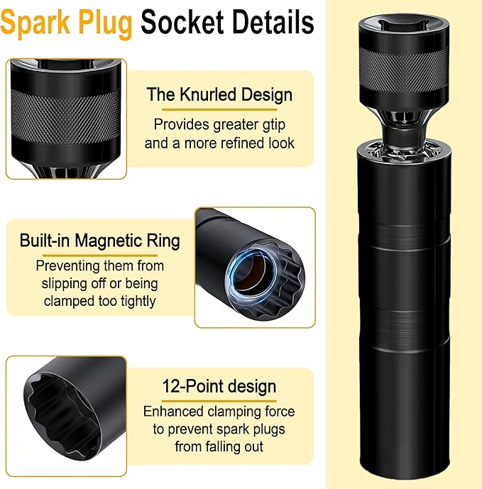 14mm&16mm Spark Plug Socket Set, Thin Wall 3/8" Drive Spark Plug Sockets Removal Tool, 12 Point, Magnetic Swivel 5/8" Spark Plugs Socket for Most Car Models (Black)
