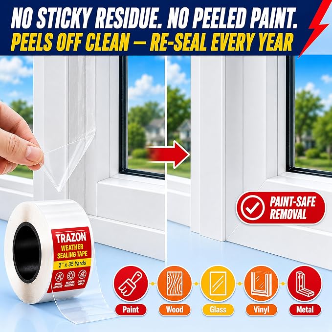 Window Weather Sealing Tape, 2" x 35 Yards Ultra-Clear Insulation Tape - Residue-Free Weather Stripping for Windows, Doors & AC Units, Blocks Drafts, Waterproof & Windproof, All-Season
