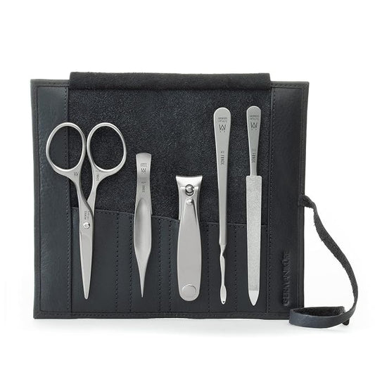 GERMANIKURE 5pc Manicure Set with Mustache Scissors in Black Leather Case - Made in Germany, FINOX Stainless Steel Tools – Professional Mens Grooming Kit