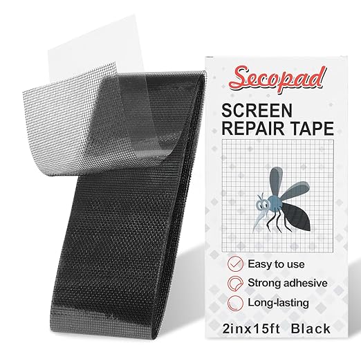 Secopad Black Screen Repair Tape, 2" X 180" (15FT) Window Screen Door Repair Kit, Strong Adhesive Fiberglass Patch Tape Mesh
