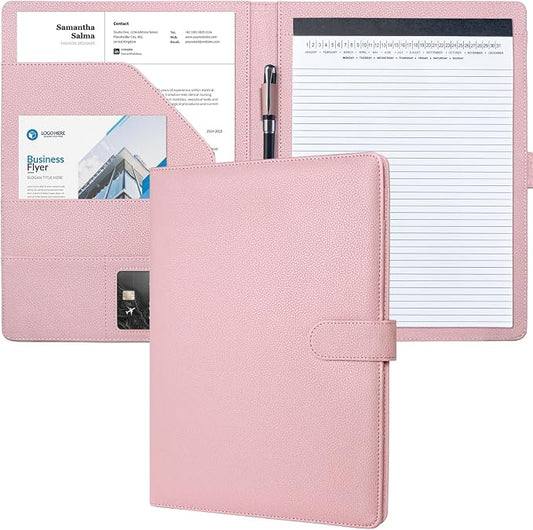 Mymazn Padfolio Portfolio Folder, Faux Leather Interview Resume Folder with Document Organizer & Business Card Holder, Letter-Sized Notepad Legal Pad Holder for Men Women (Pink)