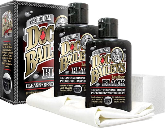 Doc Bailey's Leather Black - Black Leather Dye, Conditioner & Restorer, 4-in-1 Cleaner & Waterproofer for Car Seats, Motorcycle Seats, Jackets, Boots, Couches & Furniture - Detail Kit 4oz, 2-Pack