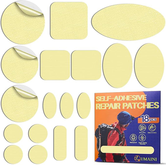 Down Jacket Repair Patch Kit, Outdoor Gear Tenacious Repair Tape, Self Adhesive Fabric Patches for Clothes, Waterproof Ripstop Nylon Fabric Patch for Puffer Jacket, Coat, Tent (18 Pcs, Beige)