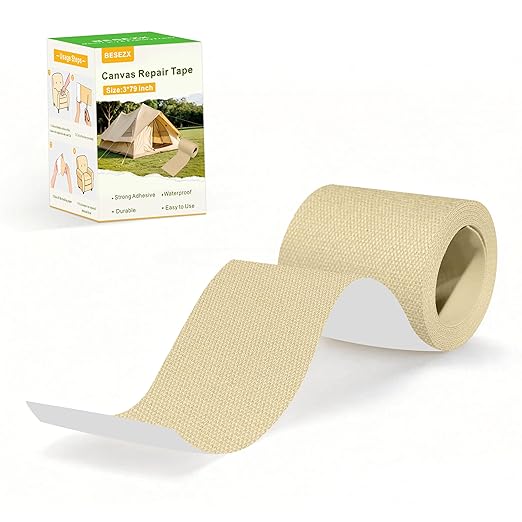 Besezx Canvas Repair Tape,Outdoor Gear Patch, 3x79 Inches,Waterproof Self-Adhesive Fabric Repair Tape for Repairing Boat Covers,Sun Shades,Sofas,Tents,Lounge Chairs,Awnings (Khaki)