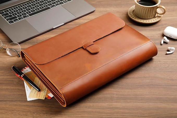 Genuine Leather File Folder, Accordian File Organizer, Leather Document Holder Resume Folio for Men & Women-Brown-Custom