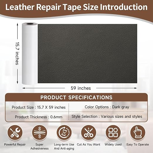 Leather Repair Tape, Heavy Duty Vinyl Repair Patch, Waterproof Self Adhesive Leather Repair Kit for Fixing Holes & Scratches on Couch, Car Seat, Furniture (Dark Grey, 15.7 x 59in)