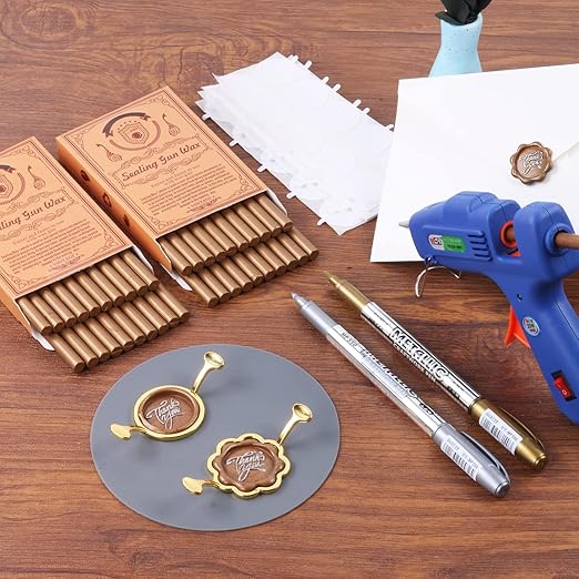 Wax Seal Kit, WASOHLING 40Pcs Bronze Sealing Wax Sticks with Glue Gun, Wax Seal Molds, Silicone Mat, Marker Pens, Premium Kit for Wedding Invitations Envelopes Cards (Bronze)