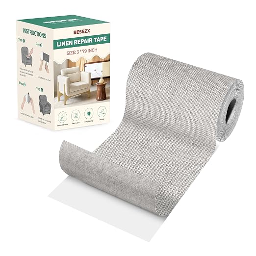 Besezx Linen Fabric Repair Tape, 3x79 Inch Self Adhesive Repair Patches, Couch Fabric Tape for Furniture, Sofa, Chair, Upholstery.(Light Grey)