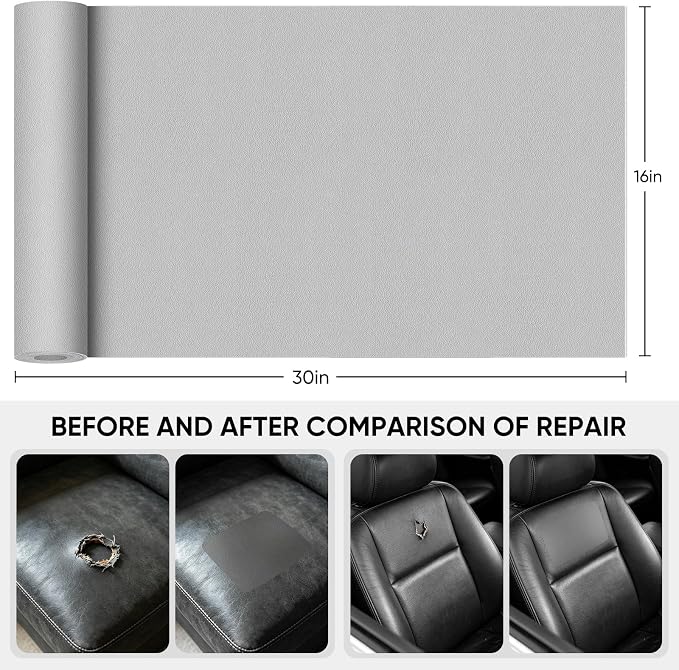 Leather Repair Tape,16 x 30 Inches Self Adhesive Leather Repair Patch，Leather Repair Kit for Furniture，Couches,Car Seats,Cabinets,Handbags(Fine-Grain Light Gray)