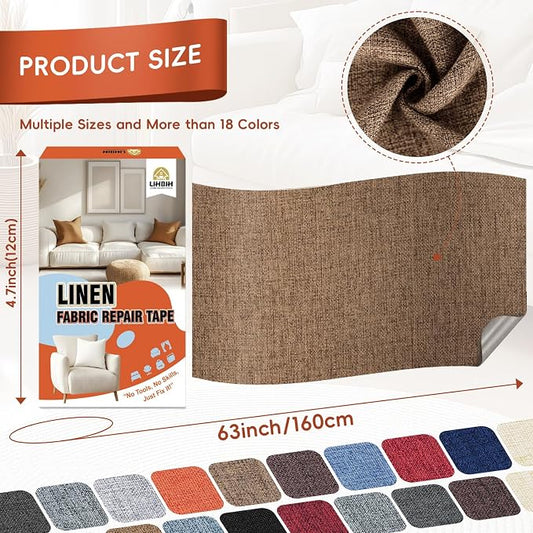 Linen Fabric Repair Tape 4.7x63 Inch, Self Adhesive Couch Patch Repair Fabric Tape for Furniture, Linen Patch Kit for Couch, Carpet, Upholstery, Chair, Sofa, Cushion, Bag (Brown)