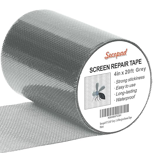 Secopad Grey Window Screen Repair Tape, 4IN X 20FT (240IN) Screen Repair Kit for Windows or Doors, Strong Adhesive Patch Kit Fiberglass Mesh Tape