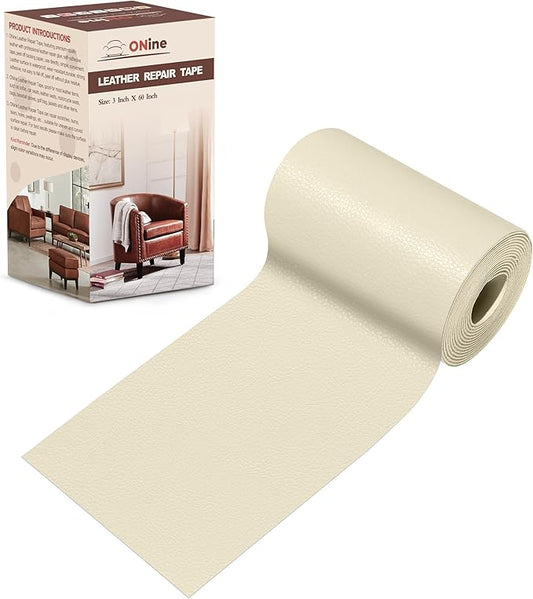 ONine Leather Repair Patch，Leather Repair Tape, 3 x 60 inches Leather Repair Patch for Furniture,Vinyl Repair Kit，Leather Couch Patch，for Sofas, Furniture, Car Seats, Office Chairs(Rice White)