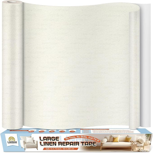 Linen Fabric Repair Tape 16x79 Inch, Self Adhesive Couch Patch Repair Fabric Tape for Furniture, Linen Patch Kit for Couch, Carpet, Upholstery, Chair, Sofa, Cushion, Bag (Beige White)
