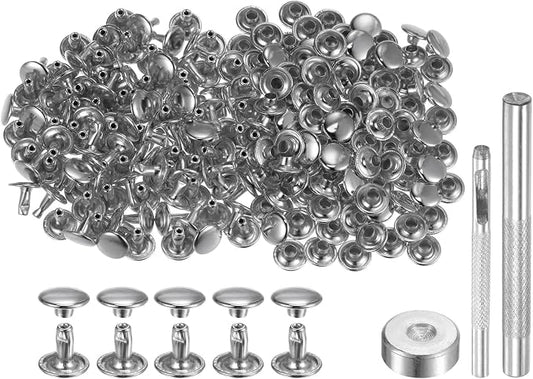 HARFINGTON 100 Sets Leather Rivets 8 x 9mm Metal Double Cap Rivet Snaps Studs Fasteners with 3pcs Setting Tools Rivets for Leather Craft DIY Repair Decoration, Silver Tone