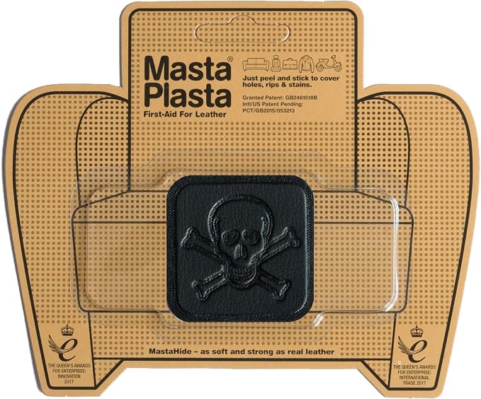 MastaPlasta Instant Self-Adhesive Premium Leather Repair Patch. Black Pirate 2 x 2 Inch (5cm x 5cm). DIY Upholstery-Quality Patches for Couches, Car Interiors, Bags