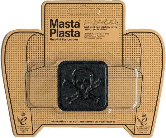 MastaPlasta Instant Self-Adhesive Premium Leather Repair Patch. Black Pirate 2 x 2 Inch (5cm x 5cm). DIY Upholstery-Quality Patches for Couches, Car Interiors, Bags