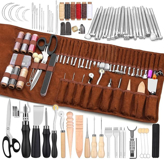 TLKKUE Leather Working Tools Leather Craft Tools for Carving Stamping Sewing Punching Cutting with Custom Storage Bag Professional Tooling Kit for Crafting, Repair & DIY Projects