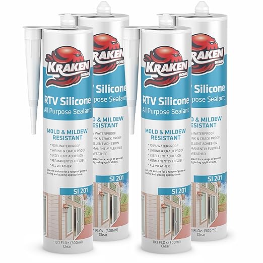 Kraken Bond RTV Silicone Caulk Clear - (4x10.1 fl.oz.) 100% Silicone Sealant Waterproof, Flexible Kitchen Sink Sealant, Caulking Sealant for Window and Door, 4 Pack