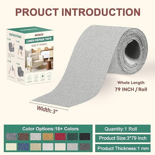 BESEZX Linen Fabric Repair Tape, 3x79 Inch Self Adhesive Repair Patches, Couch Fabric Tape for Furniture, Sofa, Chair, Upholstery.(Grey)