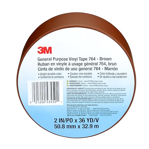 3M Vinyl Tape 764, General Purpose, 2 in x 36 yd, Brown, 1 Roll, Light Traffic Floor Marking, Social Distancing, Color Coding, Safety, Bundling