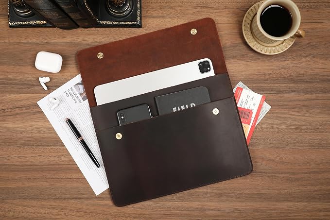 Leather Tablet Sleeve - 12.9 Inch iPad Sleeve, Document Holder Folio File Holder, Genuine Leather Case for Protection and Style-Dark Brown-Custom