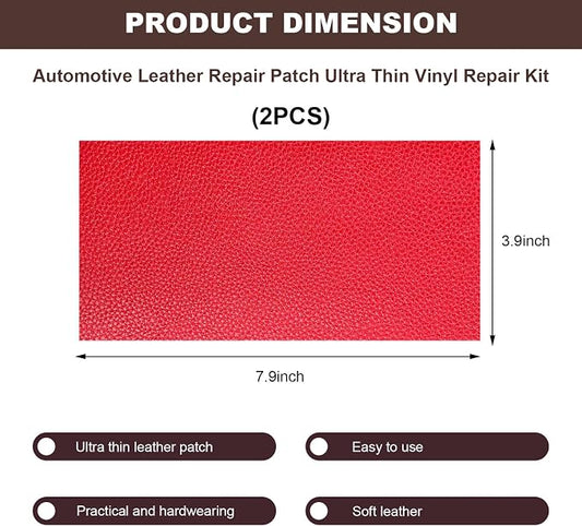 2 PCS Leather Repair Patch Tape, 4 x 8 Inch PU Vinyl Repair Patches for Car Upholstery Seat, Waterproof Self Adhesive Leather Tape Repair Kit for Furniture Couches Chairs (Red)