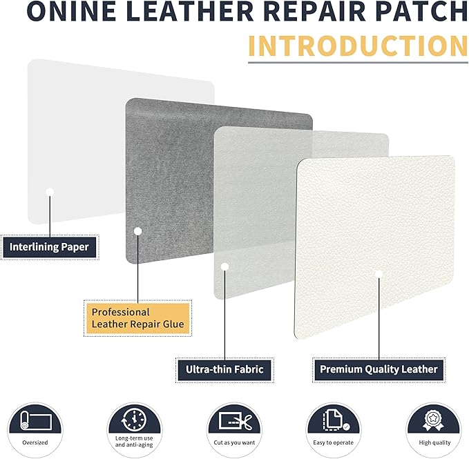 ONine Leather Repair Patch，Leather Repair Tape, 12 x 48 inches Leather Repair Patch for Furniture,Vinyl Repair Kit，Leather Couch Patch，for Sofas, Furniture, Car Seats(White-Litchi Grain)