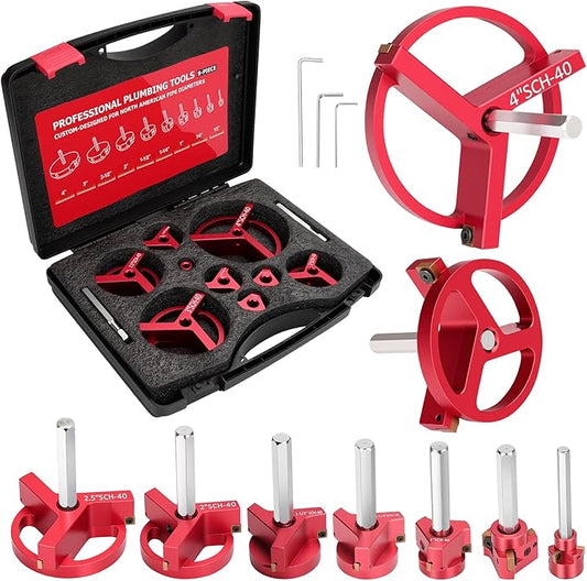 PVC Pipe Reamer, 9Pcs Pipe Reamer for SCH40, Includes 1/2 inch, 3/4 inch, 1 inch, 1-1/4inch, 1-1/2inch, 2inch, 2-1/2inch, 3inch, 4inch Head Aluminum with 2 Blades PVC Fitting Saver