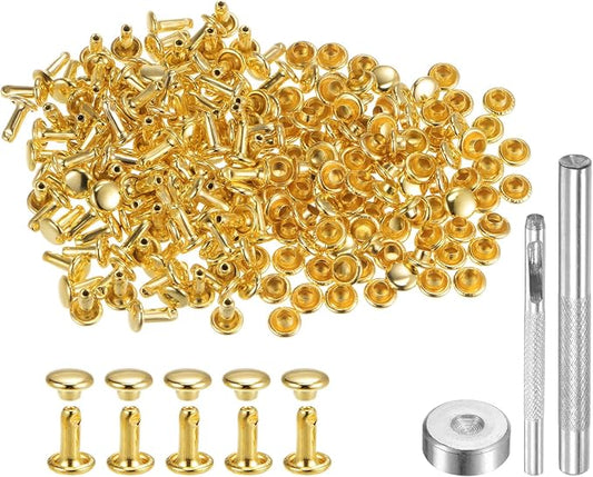 HARFINGTON 100 Sets Leather Rivets 8 x 6mm Metal Double Cap Rivet Snaps Studs Fasteners with 3pcs Setting Tools Rivets for Leather Craft DIY Repair Decoration, Gold Tone