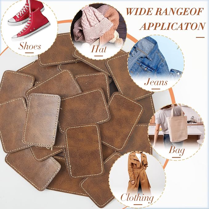 Dunzy 60 Pcs Leather Hat Patches Blank Leatherette Hat Patch with Adhesive Rectangle Laserable Leatherette Patch for Hats Custom Fabric Sew Laser Engraving DIY(Golden Brown,3 x 2 Inch)
