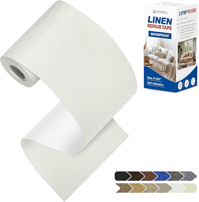 KING MOUNTAIN Linen Repair Patches, Self-Adhesive Fabric Patches, 4 X 63 inch Extra Size, Multi Color, Can be Used for Sofa Repair (White)