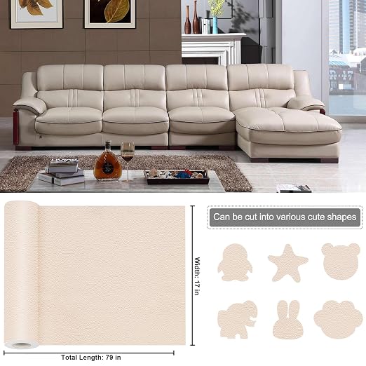 Leather Patches for Furniture,17X79inch Self Adhesive Leather Repair Patch,Leather Repair kit for Furniture, Couch,Car Seat,Motorcycle seat,Loveseat (Beige-Litchi Grain, 17X79 inch)