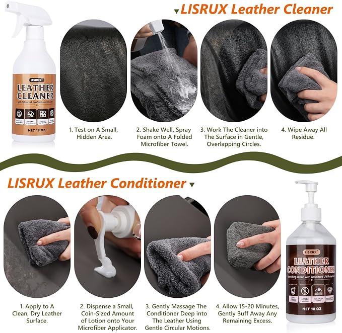 LISRUX Leather Cleaner and Conditioner Kit-2×18oz, Leather Cleaner for Car Seats, Furniture, Couches, Shoes & Boots, pH-Balanced, Restores & Protects All Leather For Natural, Synthetic, Faux, Pleather