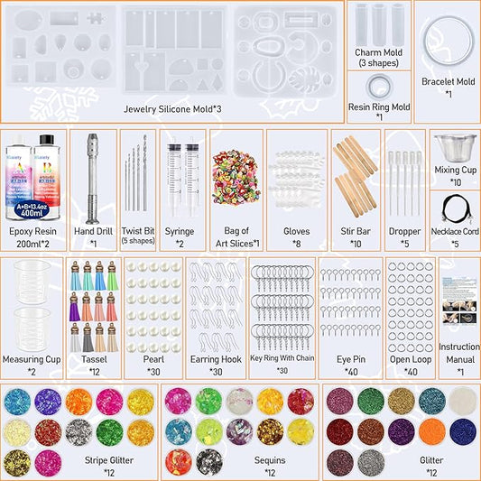 IGaiety Resin Kits for Jewelry Making Silicone Molds Starter Kit 278 Pcs Bundle with Epoxy Resin Silicone Mold Art for DIY Jewelry Earring Keychain Necklace Rings Making Adults Beginners