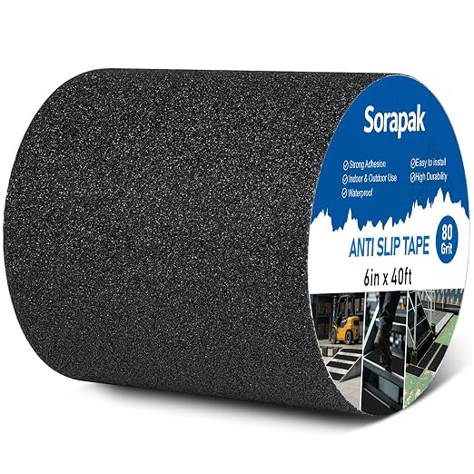 Heavy Duty 6in x 40ft Black Anti Slip Tape, 80 Grit Waterproof Non Skid Grip Tape Roll for Stairs, Ramps, Decks, Boat Decks, Floors, Warehouses & Outdoor Use