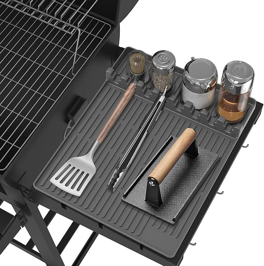 Silicone Grill Mat Compatible with Blackstone, BBQ Griddle Tools Mat with Drip Pad, Large Spatula Holder for Outdoor Kitchen Counter, Gifts for Men （Gray）