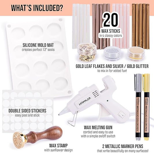 Hoppler Premium Wax Seal Kit with Seal Gun, Wax Sticks, a Flower Stamp, 12 Cavity Silicone Mold, and Extra Additions to Make Seals Stand Out and Make Invitations in Bulk.
