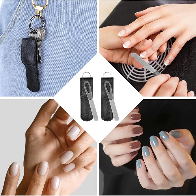 2 Pcs Keychain Nail File, Metal Nail Files with Leather Case, Double Sided Stainless Steel Nails File Round Sapphire Fine Grit Fingernail Files for Men Women Nails Daily Travel Carrying