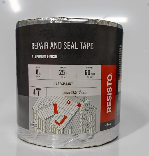 RESISTO Repair and Seal Tape, Aluminum Foil Surface, 6 Inch x 25 Foot, Rubberized Asphalt Compound, Self-Adhesive, Waterproof, UV Resistant, 60mil Thickness, Multi-Surface