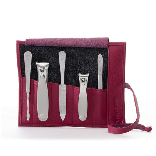 GERMANIKURE 5pc Manicure Set in Magenta Leather Case - Made in Solingen Germany, FINOX Stainless Steel Tools – Professional Quality Compact Nail Grooming Kit